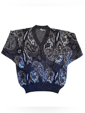 Vintage Men's Black and Gray Paisley Sweater